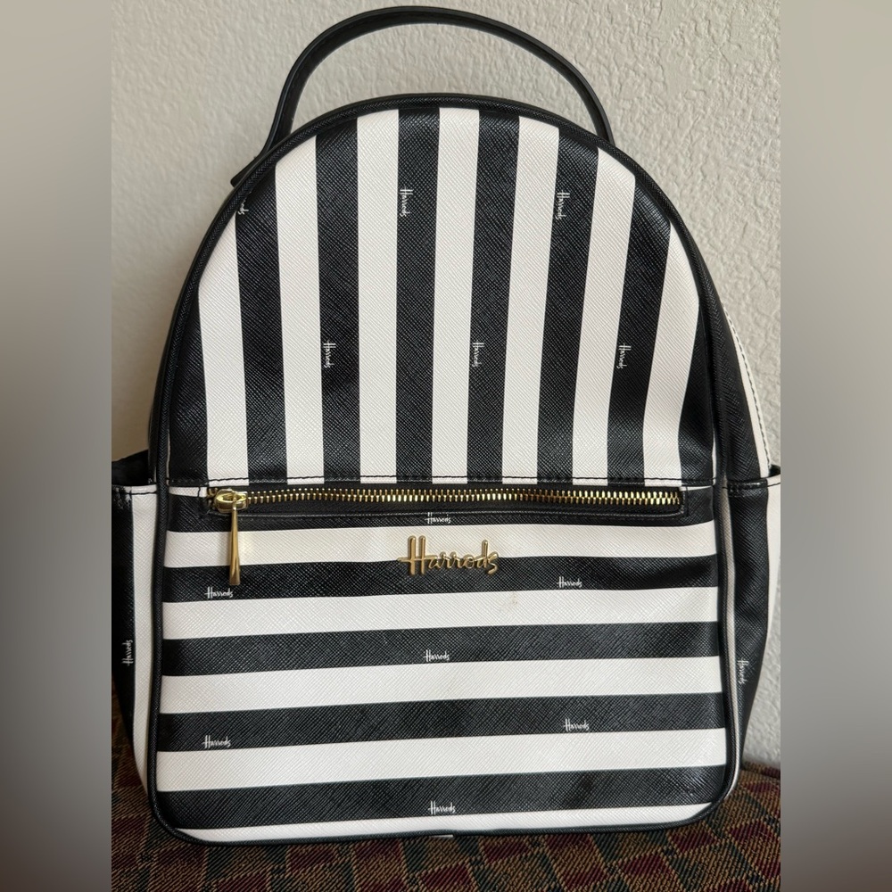 NWOT HARRODS Black and White Striped Backpack